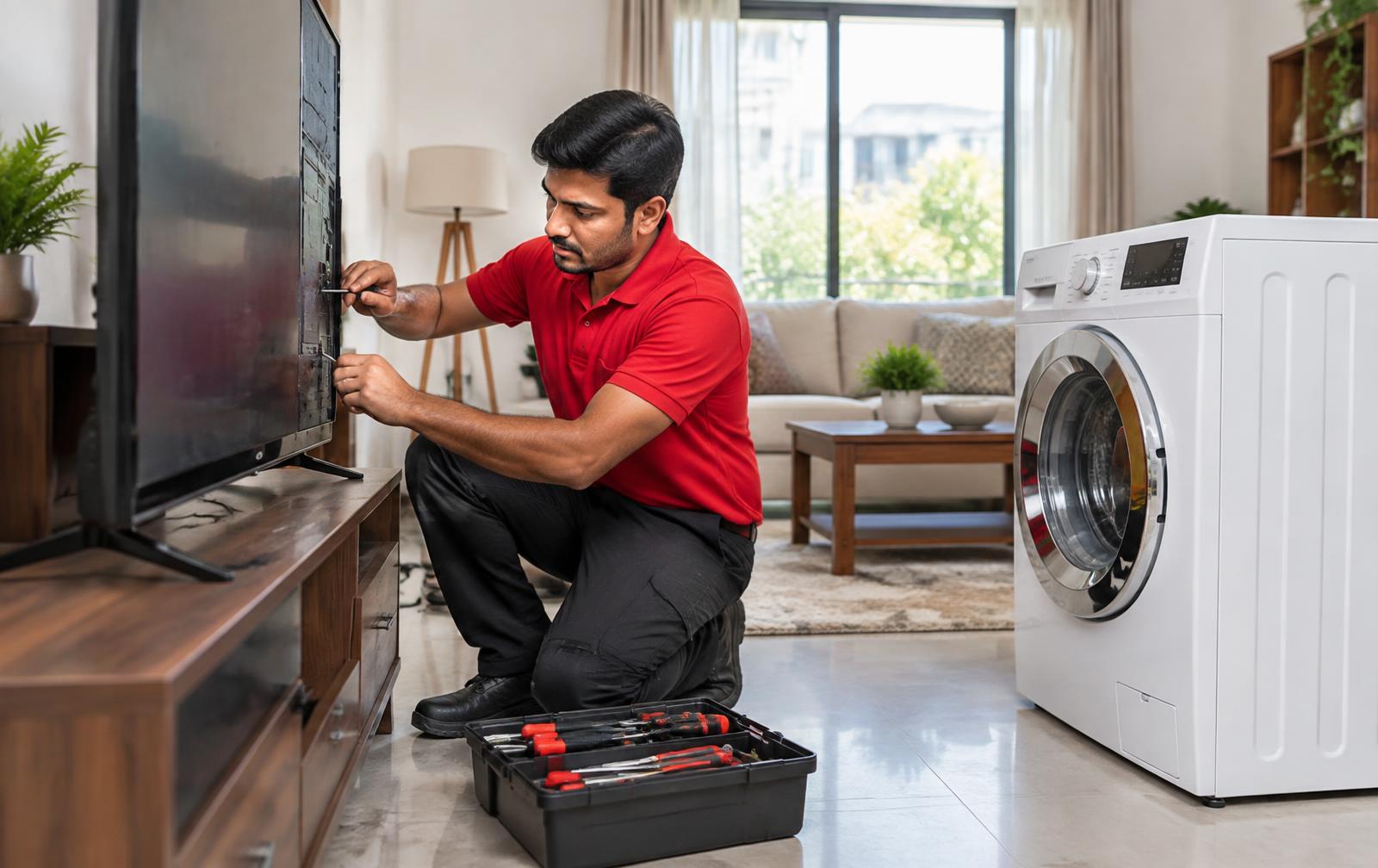 Technician repairing an LG LED TV and washing machine at a home in Vasai West